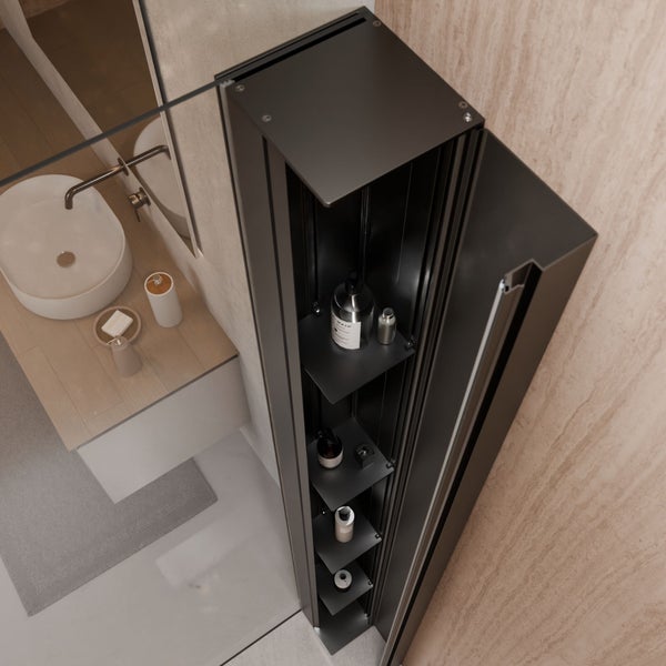 Modernes, hohes Badregal aus dunklem Metall, in eine Ecke integriert, mit Ablageflächen für Pflegeprodukte neben einem Waschbecken.