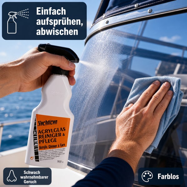 Yachticon Acrylglas Reiniger und Pflege in Sprühflasche bei der Anwendung auf einer Bootsscheibe mit Tuch.