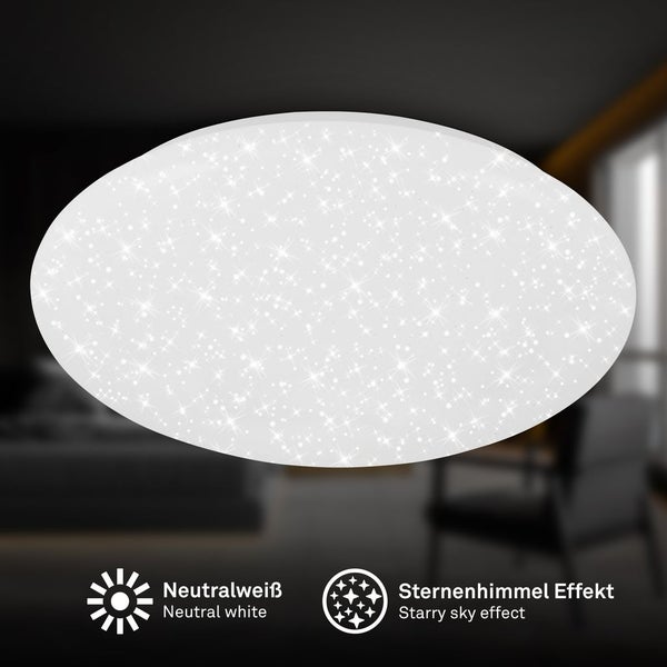 Flache runde LED-Deckenleuchte mit Sternenhimmel-Effekt und neutralweißem Licht.