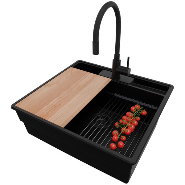 PRIMAGRAN Granitspüle Alles Schwarz 58x53cm, Spülbecken 1 Becken + Küchenarmatur 40x38cm + Ablauf-Set + Küchenzubehörset, Küchenspüle ab 60er Unterschrank - New York