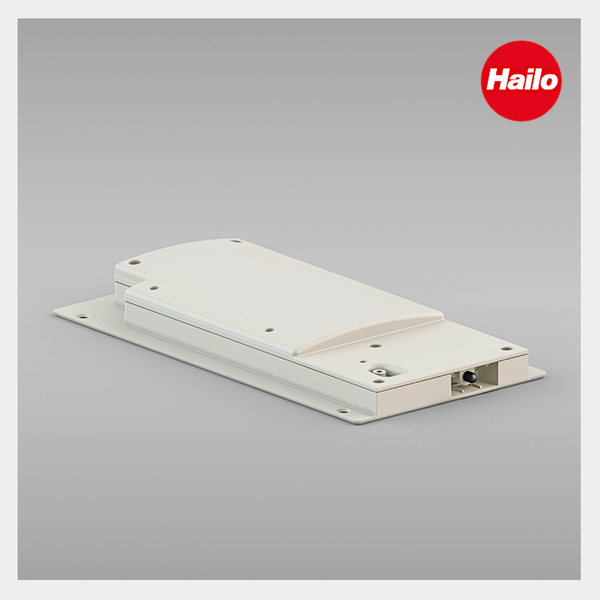 Hailo Libero elektronische Öffnungsunterstützung für Auszüge aus Kunststoff mit Montagebohrungen und Hailo Logo.