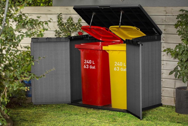 Keter Store-It-Out Darwin Aufbewahrungsschrank 1150L - Wetterbeständige Mülltonnenbox mit Holzoptik - Gartenbox abschließbar - für 2X 240L Tonnen