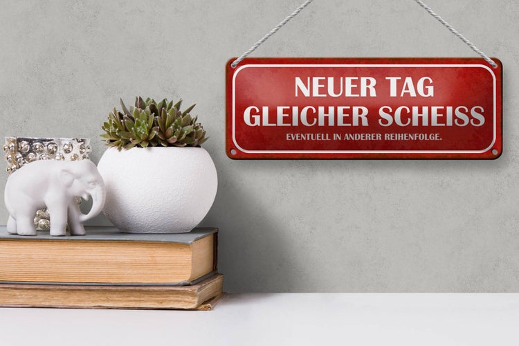 Blechschild Spruch 27x10cm neuer Tag gleicher Scheiss rotes Schild
