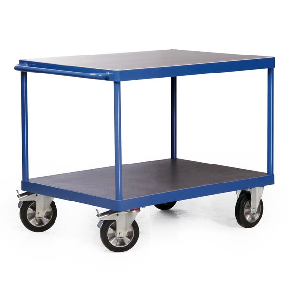 Blauer Transportwagen mit zwei Ebenen und vier Rädern