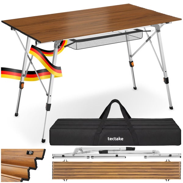 Tectake Campingtisch mit Tischplatte in Holzoptik, höhenverstellbarem Aluminiumgestell, Ablagenetz und schwarzer Tragetasche.