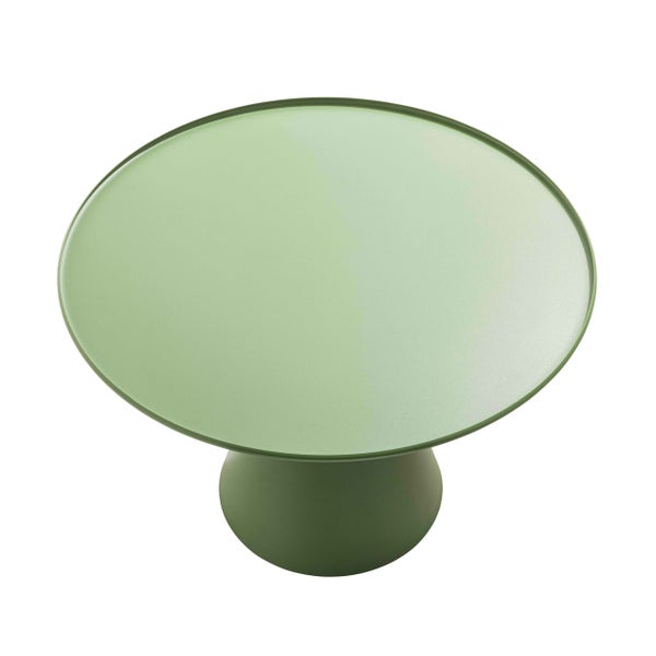 Grüner, runder Beistelltisch aus Metall mit erhöhtem Rand und kegelförmigem Standfuß.