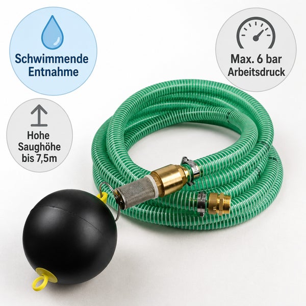 Ansauggarnitur mit Schwimmkugel für Pumpen, inklusive Schlauch, Messinganschlüssen und Filterkorb für schwimmende Entnahme bis 7,5 Meter Saughöhe.