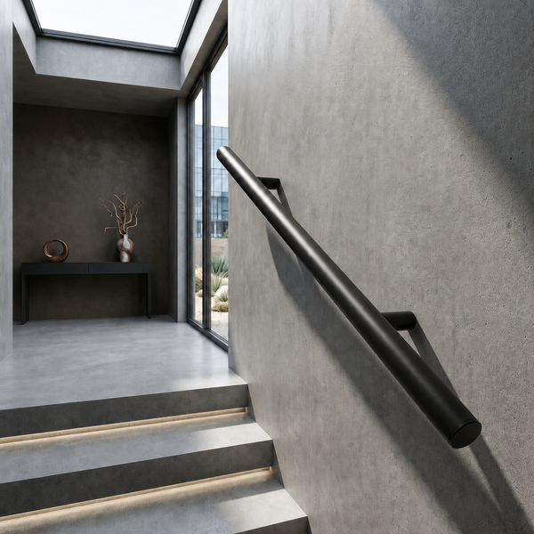 Moderner schwarzer Metallhandlauf an einer Sichtbetonwand neben einer Treppe mit beleuchteten Stufen in einem minimalistischen Raum.