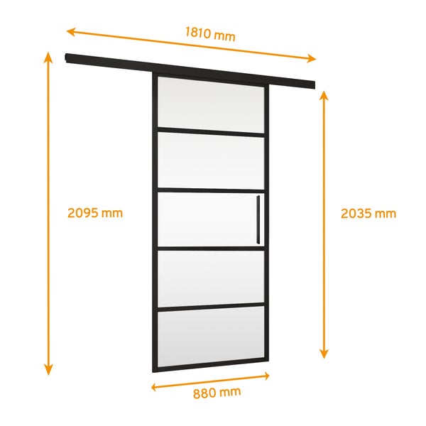 Loft Glasschiebetür 880x 2035 mm klar Blockstreifen schwarz Glas Tür Komplettset mit Stabgriff