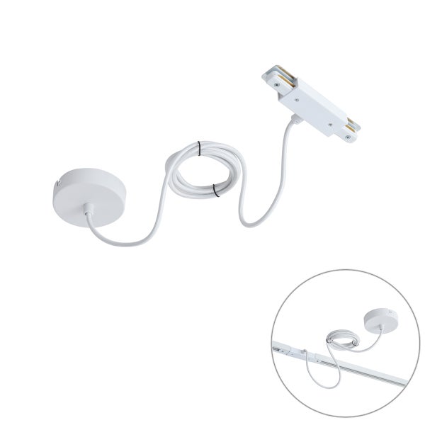 Weiße Pendel-Stromeinspeisung für Schienensysteme mit rundem Baldachin und flexiblem Kabel.