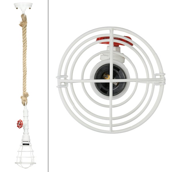 ECD Germany Hängelampe 1 flammige Hängeleuchte mit E27 Fassung, 115 cm, Ø13 cm, Weiß/Braun, Metall/Hanfseil, Wasserrohr, Vintage/Retro, Industrial Design, Pendelleuchte Pendellampe Leuchte Lampe