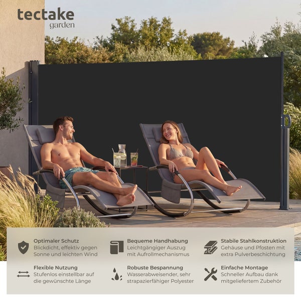 tectake garden Logo. Seitenmarkise als Sichtschutz im Garten mit zwei Personen auf Gartenliegen und Symbolen für Produktmerkmale.