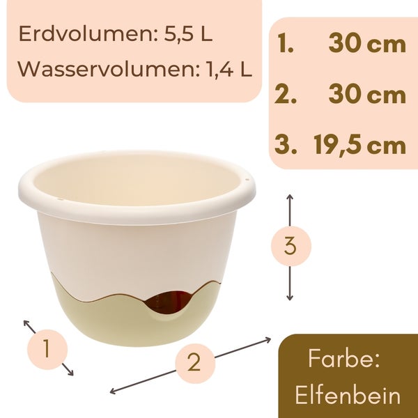 Elfenbeinfarbener Blumentopf, Erdvolumen 5,5 Liter, Wasservolumen 1,4 Liter, Durchmesser 30 Zentimeter, Höhe 19,5 Zentimeter.