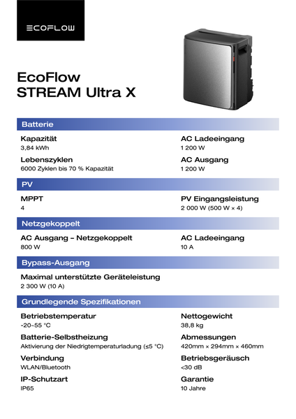 EcoFlow STREAM Ultra X Energiespeicher mit technischen Spezifikationen