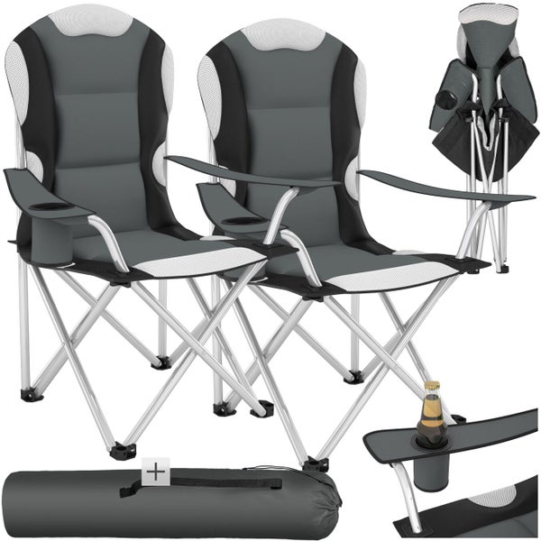 Zwei Campingstühle mit Getränkehalter und Tragetasche
