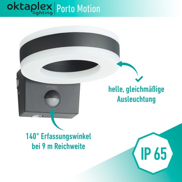 LED Außenlampe mit Bewegungsmelder Porto 15W 3000K Warmweiß IP65 anthrazit Außenbeleuchtung Wand Wandleuchte