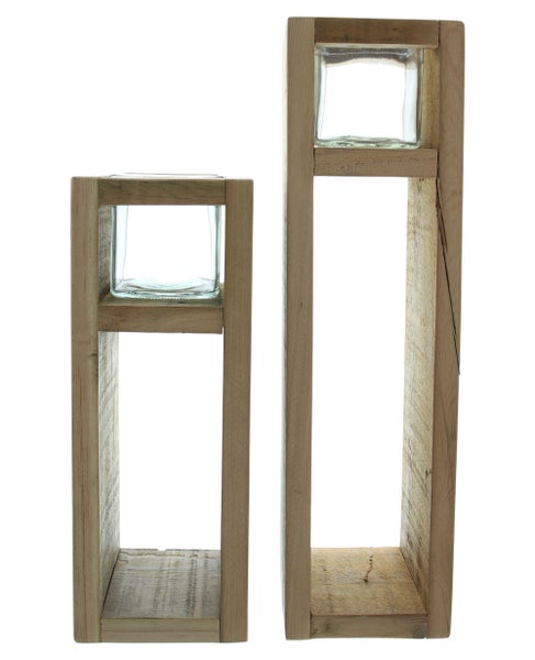 FRANK FLECHTWAREN | Windlichtsäule Wood, 2er Set, HOLZ, GLAS, 11 x 11 x 30 cm, 11 x 11 x 40 cm, Glas 7,5 cm