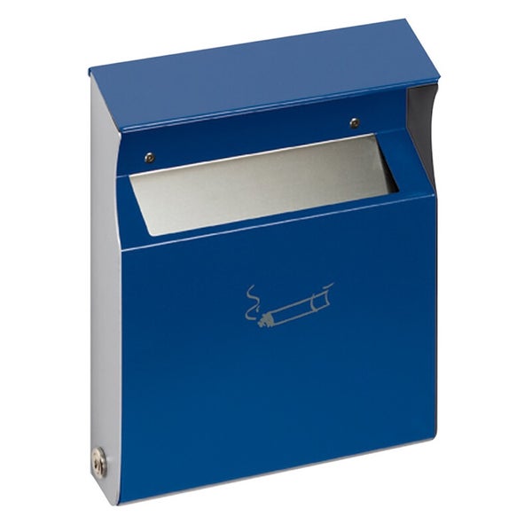 Wandaschenbecher aus Metall in Blau mit Zigarettensymbol und Schloss.