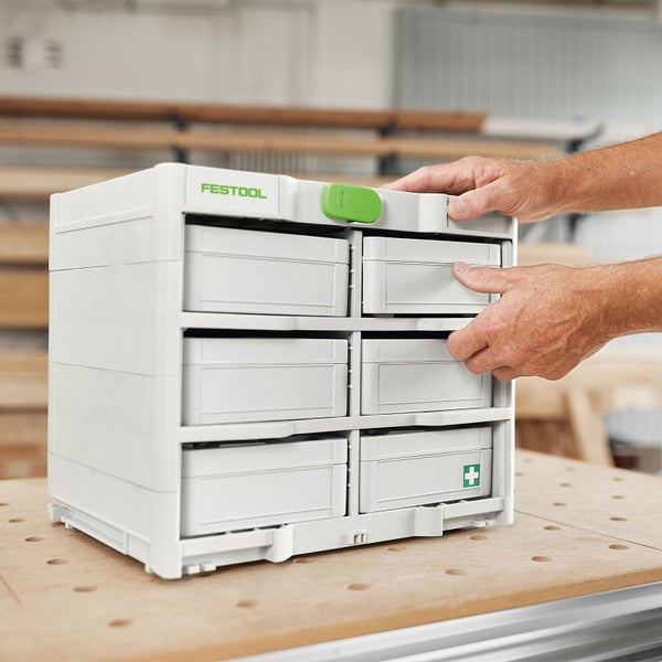 Festool Systainer³ Rack aus Kunststoff mit sechs Fächern für Kleinteile-Organizer.