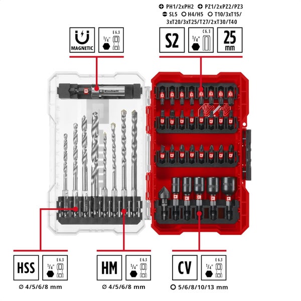 Original Einhell M-CASE 39-tlg. schlagfestes Zubehör-Set (25-mm-Bits, Metallbohrer, Universalbohrer, 60-mm-Bithalter, Steckschlüssel, Senker inkl. Aufbewahrungsbox)