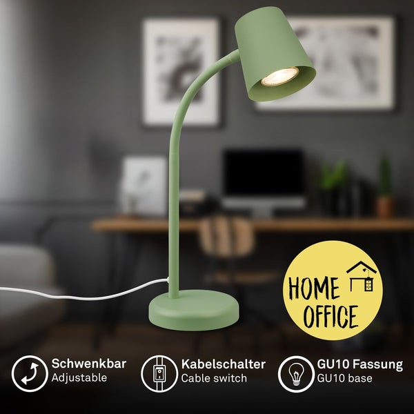 Grüne Schreibtischlampe für das Home Office, schwenkbar mit Kabelschalter und GU10 Fassung.
