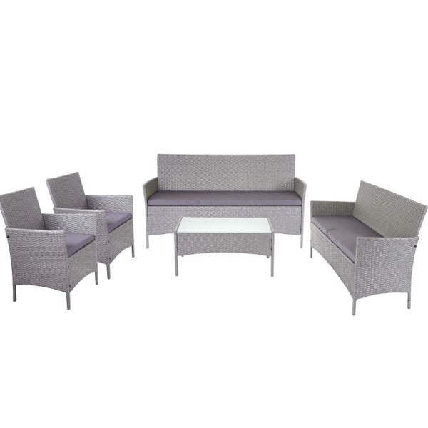 5-teiliges Garten-Lounge-Set aus grauem Polyrattan mit Glastisch, zwei Sesseln, Dreisitzer-Bank und Zweisitzer-Bank inklusive Sitzkissen.
