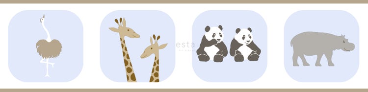 Illustrationen von Strauß, Giraffen, Pandas und Nilpferd