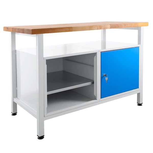 PROREGAL Werkbank Rhino mit Ablagefläche 1 Tür Regalteil HxBxT 84 x 120 x 60 cm Traglast 300 kg Lichtgrau Blau