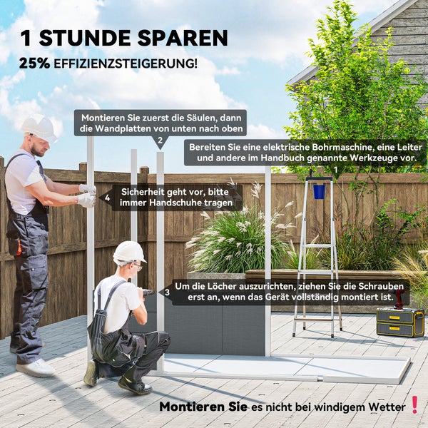 Montage eines Gerätehauses durch zwei Handwerker mit Tipps zur Effizienzsteigerung, Werkzeugvorbereitung und den richtigen Arbeitsschritten.