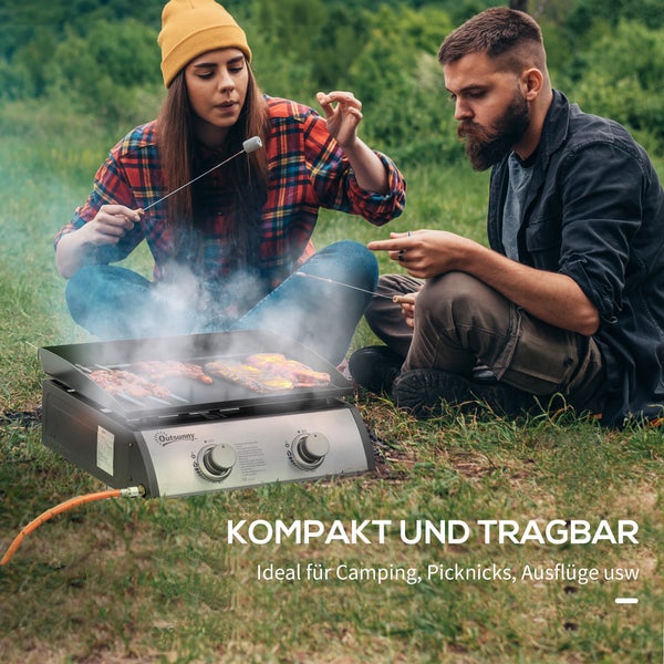 Outsunny Gasgrill, Tischgrill, BBQ mit 2 Brennern, mit Schlauch, Antihaft-Grillplatte, 48,5 x 46 x 21 cm, Edelstahl+Metall, Silber