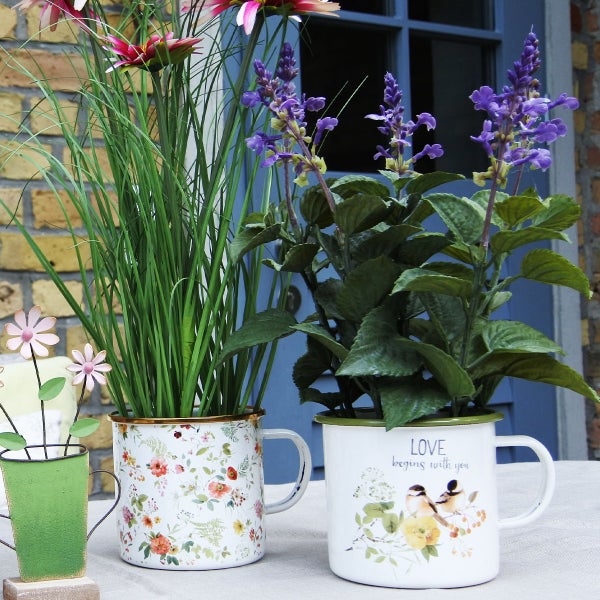 Dekorative Pflanzen in Tassen mit floralen und Vogelmotiven