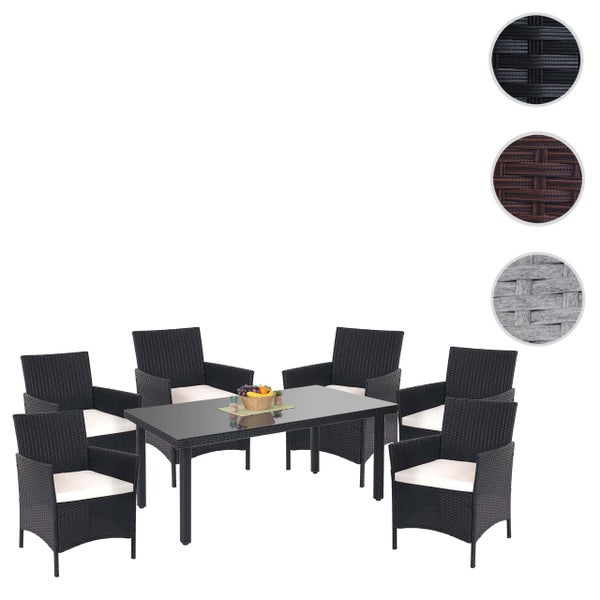 Gartenmöbel-Set aus Polyrattan mit rechteckigem Glastisch und sechs Sesseln inklusive Sitzkissen. Detailansichten zeigen Materialstrukturen.