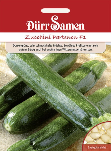 Samentüte Dürr Samen Zucchini Partenon F1 mit Abbildung von dunkelgrünen Zucchini und einer Ansicht des Saatguts.