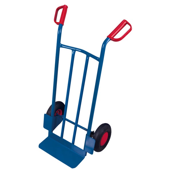 Blaue Sackkarre mit rotem Griff