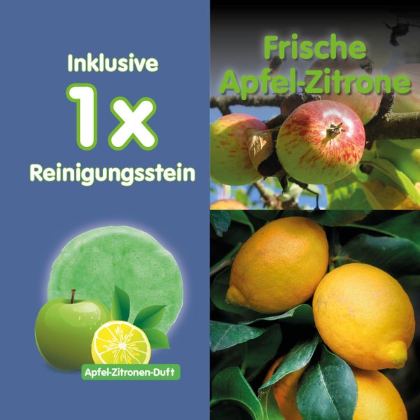 Informationsgrafik für einen Reinigungsstein inklusive ein Stück mit Apfel-Zitronen-Duft und Abbildungen von Äpfeln und Zitronen.