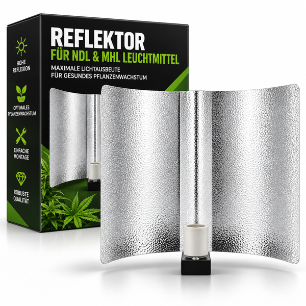 Reflektor für Natriumdampf Hochdrucklampen und Halogen Metalldampflampen mit strukturierter Oberfläche und Fassung in der Produktverpackung