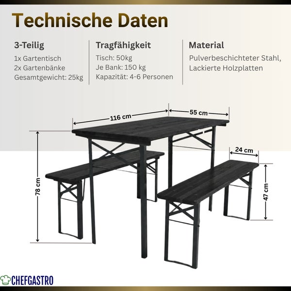 Technische Daten eines dreiteiligen Biergartenmöbel Sets bestehend aus einem Gartentisch und zwei Gartenbänken aus Stahl und lackiertem Holz.