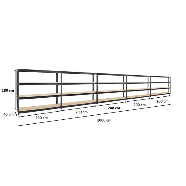 PROREGAL Mega Deal 5x Schwerlastregal Dino HxBxT 180 x 200 x 45 cm Fachlast 500 kg Schwarz