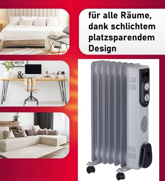 JUNG JATA R107 Heizung Elektrisch mit Thermostat, 7 Lamellen, Ölradiator 1500 Watt Energiesparend, mobile Elektroheizung für Räume bis 20qm, Elektrische Heizgerät Mobil