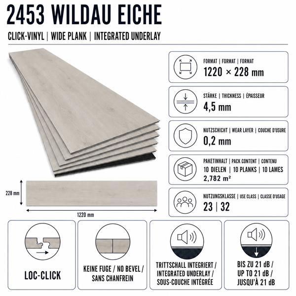 Wildau Eiche Klickvinyl Bodenbelag als Landhausdiele mit integrierter Trittschalldämmung, 1220 mal 228 Millimeter, Nutzungsklasse 23 und 32.