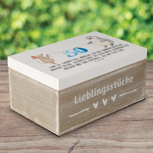Mr. & Mrs. Panda 19 x 12 cm Holzkiste 50. Geburtstag Maus Pinguin - Weiß