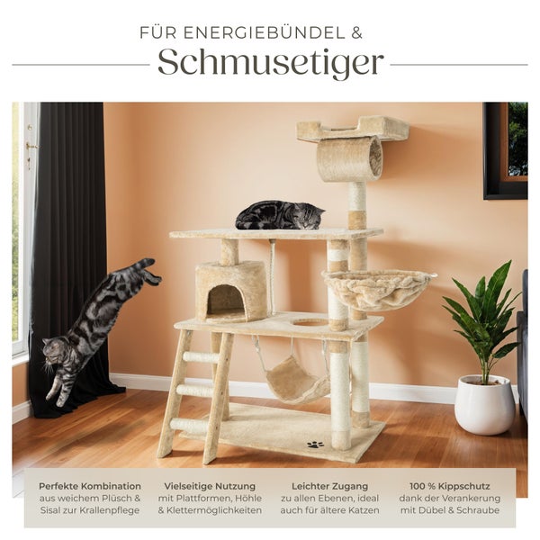 Kratzbaum tectake Marcel inklusive Treppe, Spielkordel und Kippschutz 141 cm beige