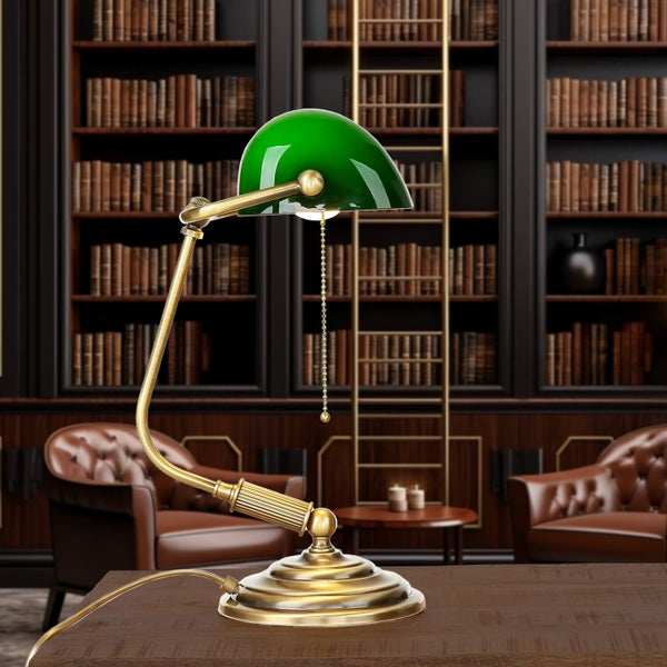 Szene mit Leselampe mit Schirm, Bücherregal und Sessel