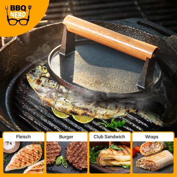 BBQ Nerd Fleischpresse aus Gusseisen mit Holzgriff - 18 cm rund | Fleischbeschwerer Burgereisen Grillpresse | Grillgewicht für BBQ Fleisch, Burger Patties, Bacon, Käse, Sandwiches etc.