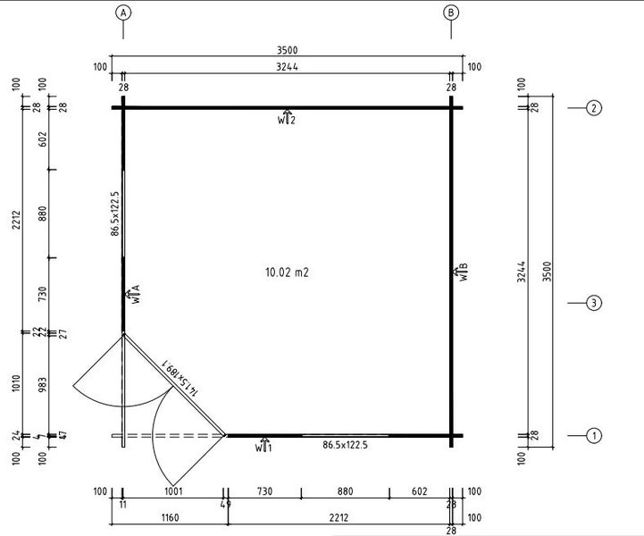 Grundrisszeichnung eines Gartenhauses mit Maßangaben