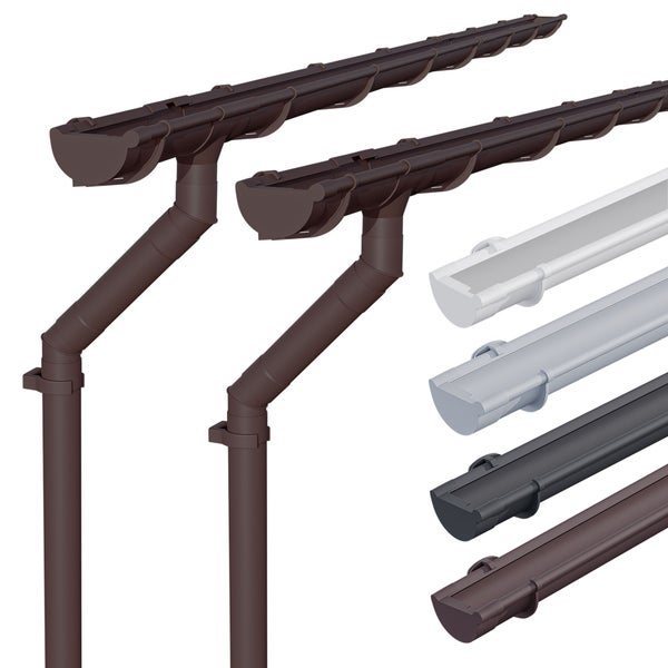 Dachrinnensystem aus Kunststoff mit halbrunder Rinne, Fallrohr und Montagezubehör in verschiedenen Farben.