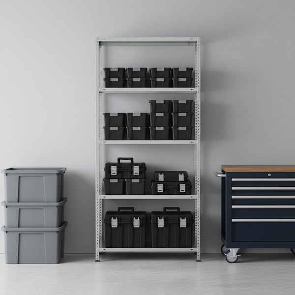 Hell gestaltete Werkstatt mit Metallregal, Werkzeugkoffern aus Kunststoff, Lagerboxen und einem Werkstattwagen mit Holzplatte.