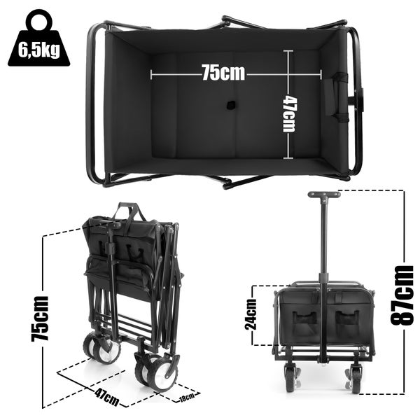 BigDean Bollerwagen faltbar schwarz belastbar bis 80kg – kompakter Bollerwagen platzsparend zusammenklappbar für Ausflüge, Camping & Einkäufe