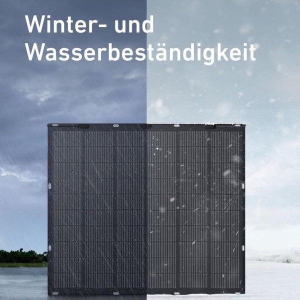 Solarpanel im Regen und im Schnee zur Veranschaulichung der Winter- und Wasserbeständigkeit.
