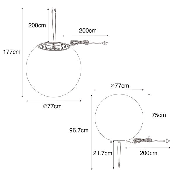 Maßzeichnung einer kugelförmigen Außenleuchte in Hänge- und Standversion, Durchmesser 77 Zentimeter, Kabellänge 200 Zentimeter.